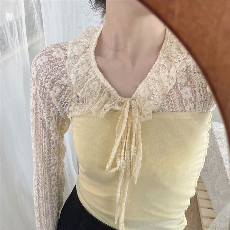 Red Aprikot renda dasi kardigan renda kerah tabir surya AC kemeja selendang bagian tipis sifon musim panas angin peri lembut V-neck