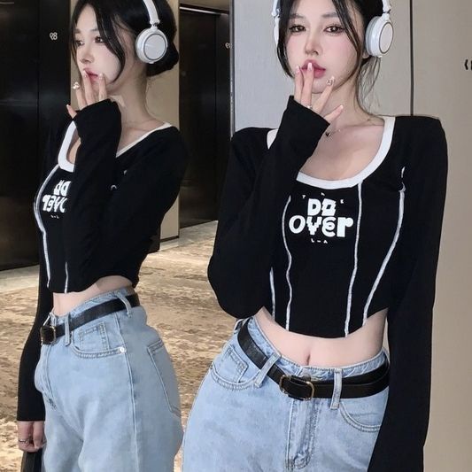 Red Hitam Spice Girl Tulang Ikan Lengan Panjang T-shirt Wanita Musim Gugur Desain Pinggang Tinggi Rasa Niche Jahitan Pendek Irregular top