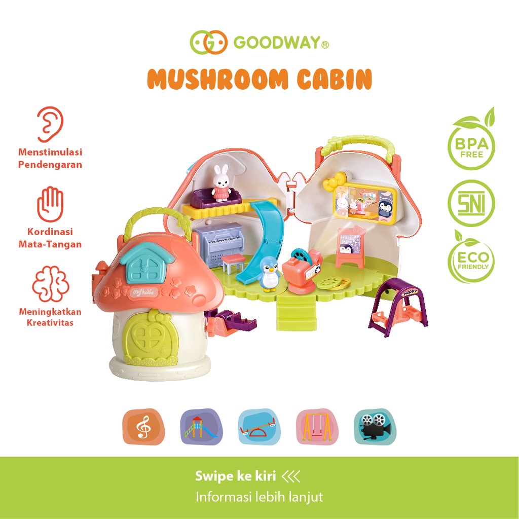 Mushroom Cabin - Mainan Edukasi Rumah Rumahan Anak Model Jamur Set Lengkap dengan Hewan