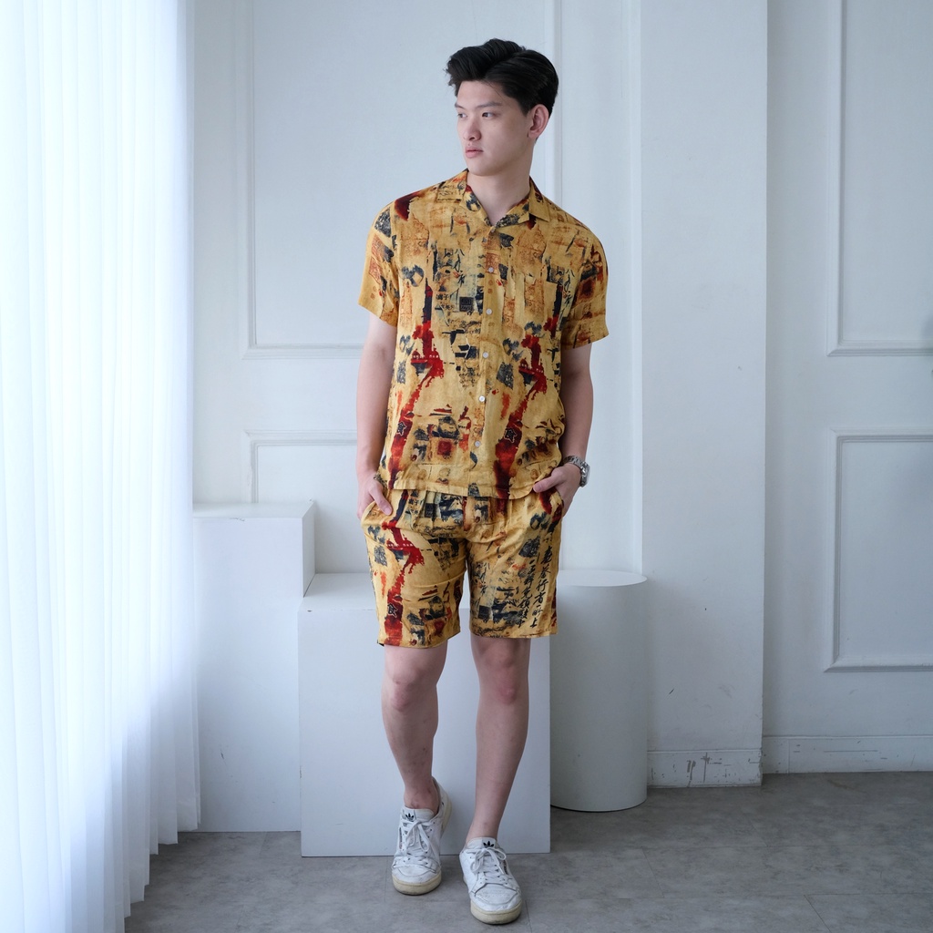 SANVANINA Set Kemeja Hawaiian Motif Relief | Kemeja Oneset | Piyama Pria | One Set Rayon | Hawaian Set EB-19