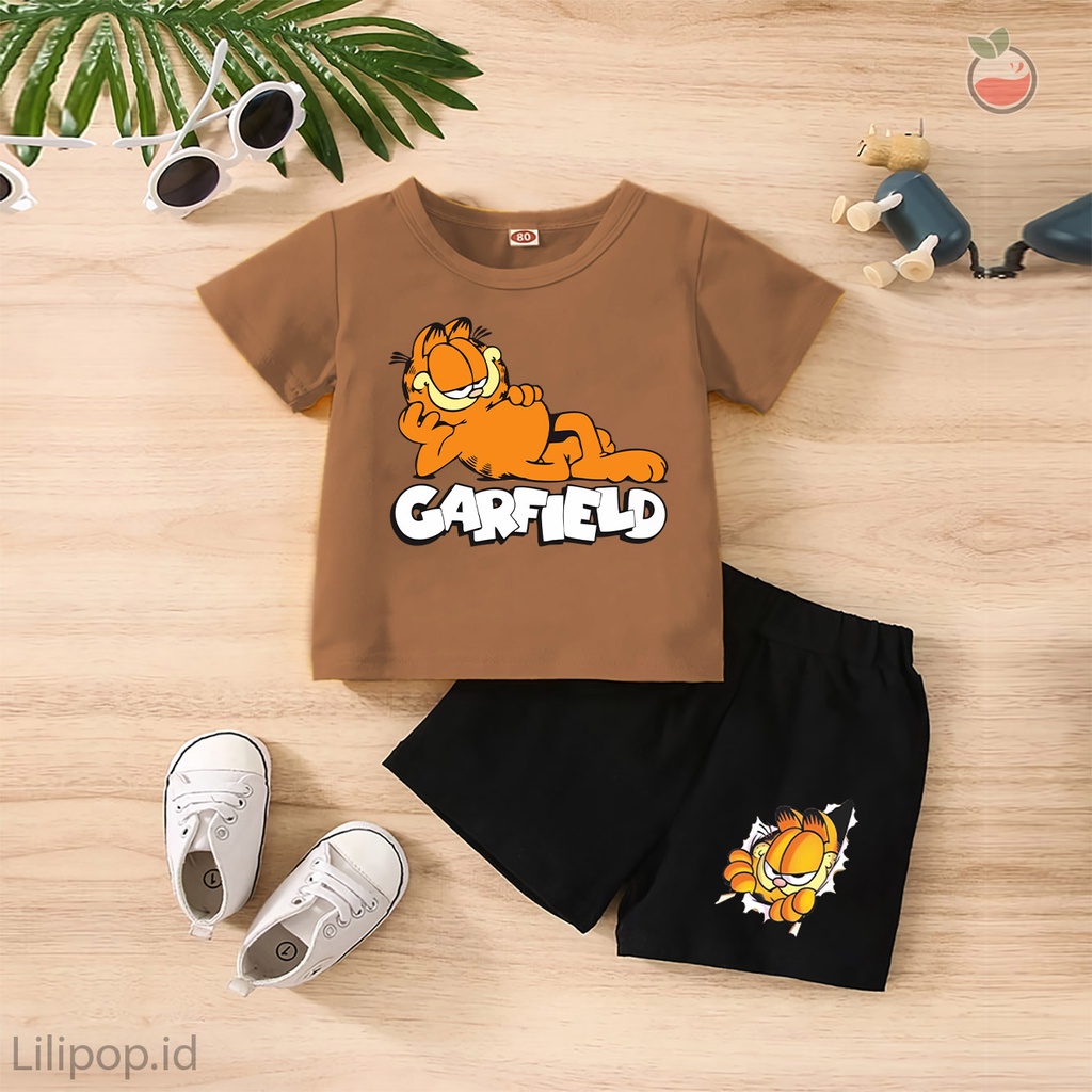 Baju Anak Stelan Kaos 3/4 GARFIELD Cowok Cewek  Usia 1 - 4 Tahun Celana Pendek Harian