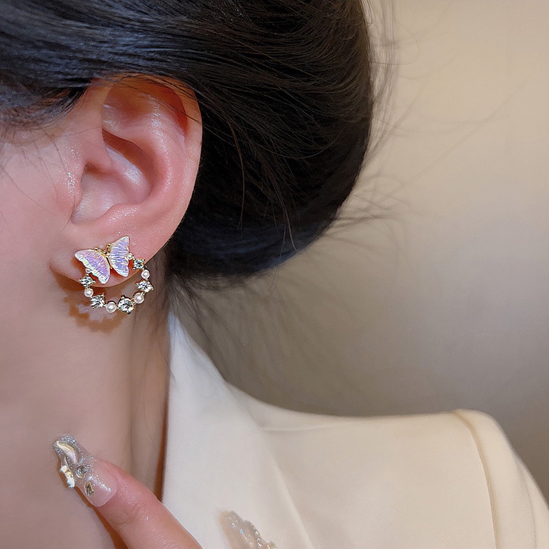 Super Cute925 Perak Jarum Gradien Kupu-Kupu Anting Perempuan ins Fashion Mutiara Telinga Studs