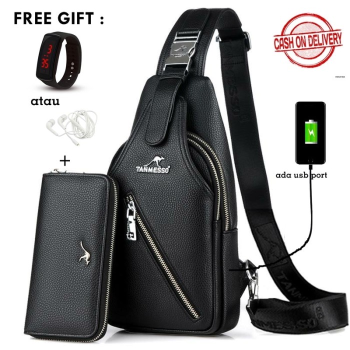 Dompet Tas Selempang Pria Hitam Free Panjang Jam Headset W1J4 Dompet BISA COD Casual Korean Style Tr