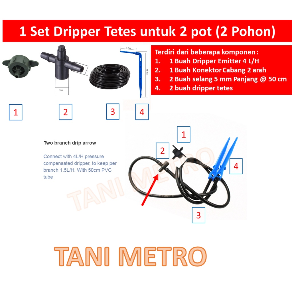 1 Set Dripper Tetes Dripper Emitter Konektor 2 arah dan Selang 5 mm