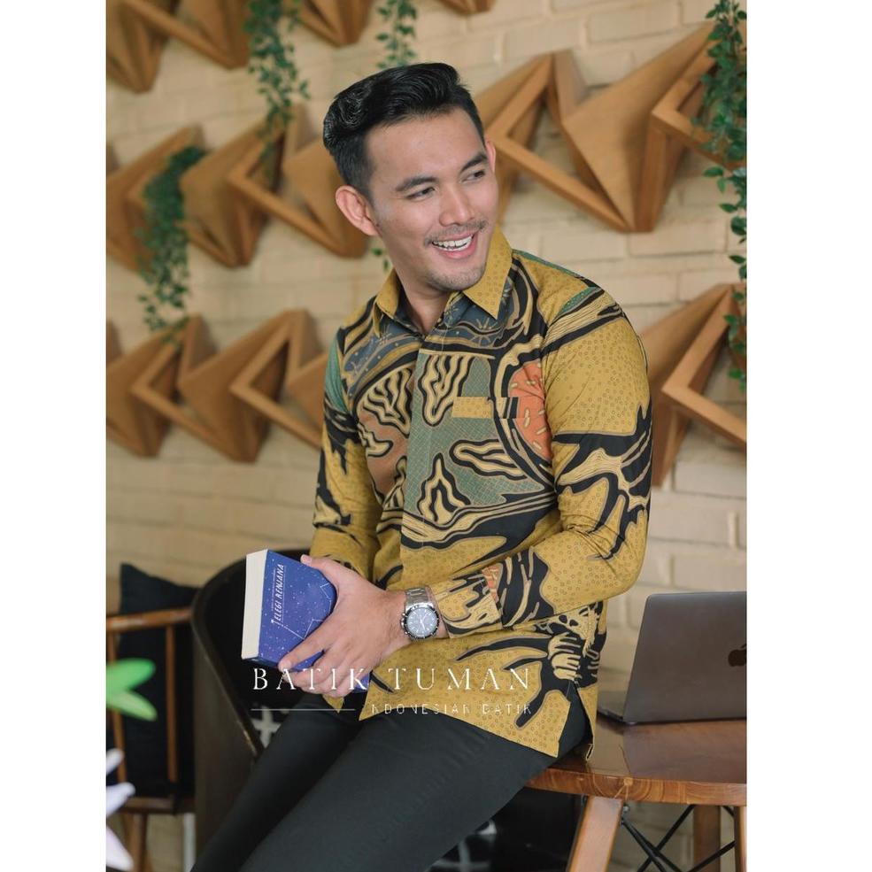 TERBARU (SLIMFIT & REGULER) PONDRAKARNA Kemeja Batik Pria Warna Kuning Pastel Batik Mega Mendung Bat