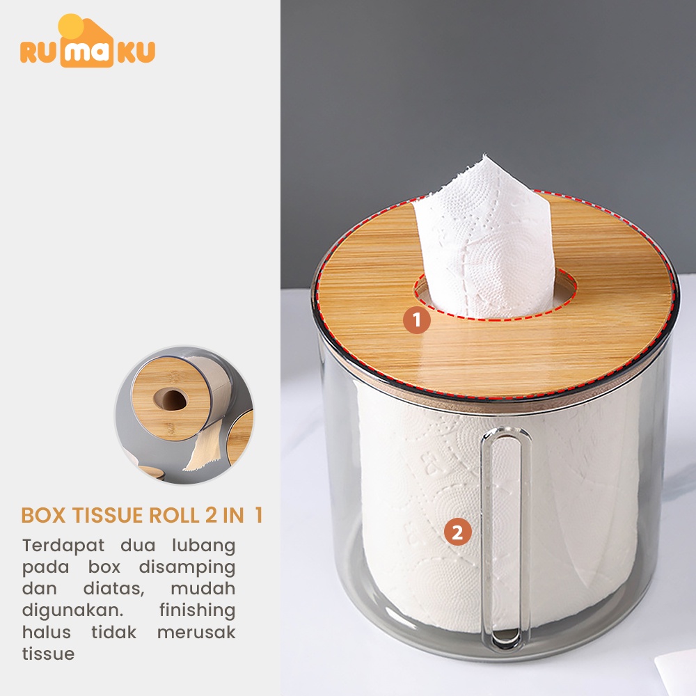 Rumaku Tempat Tisu Roll Bulat Kotak Penyimpanan Tissue Tabung Transparan Tutup Kayu Minimalis