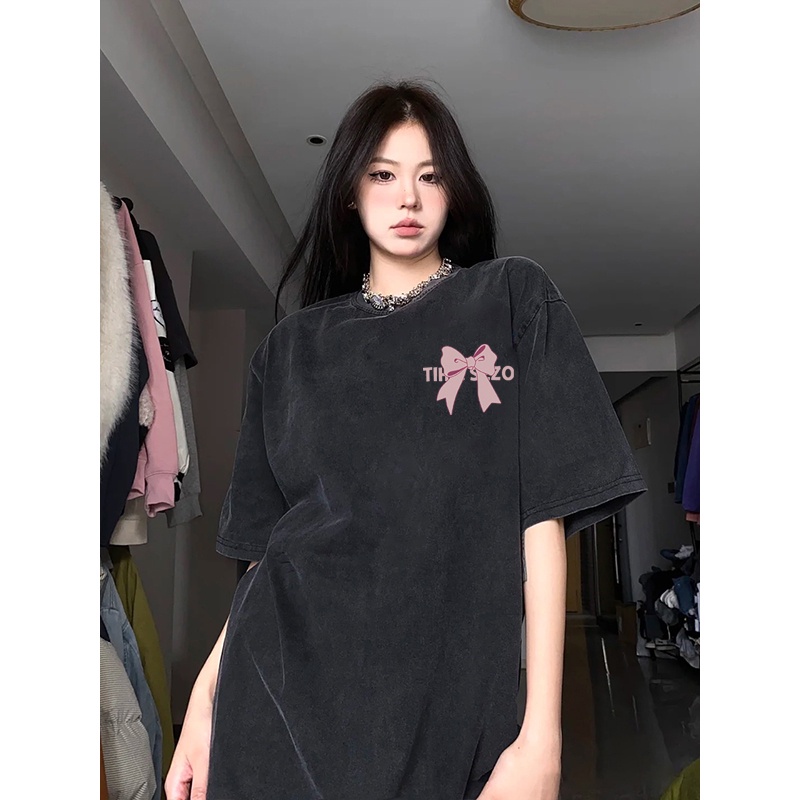 Vintage T-shirt Hitam Washed Oversize Kaos Lengan Pendek Baju Wanita Korean Style A0002