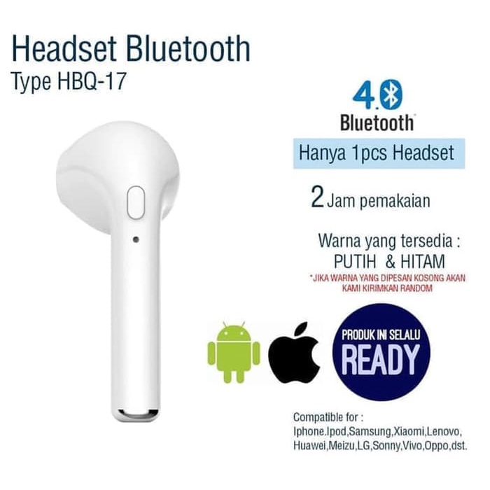 MC HEADSET BLUETOOTH HBQ i7 SINGLE / EARPHONE I7S / HEADSET I7 SINGLE