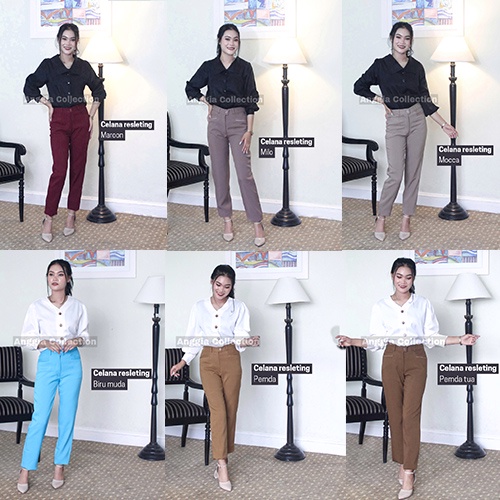 Celana  pinggang Kancing-Celana Bahan-celana Wanita Karir-Celana kantor