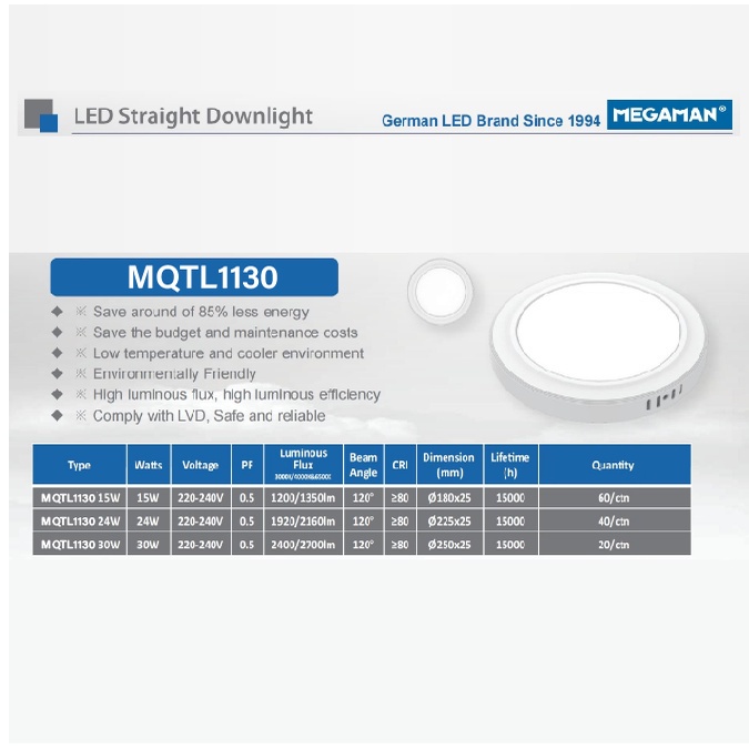 Megaman Lampu Downlight Outbow MQTL1130 24W 6500K / MQTL5001 30W 6500K