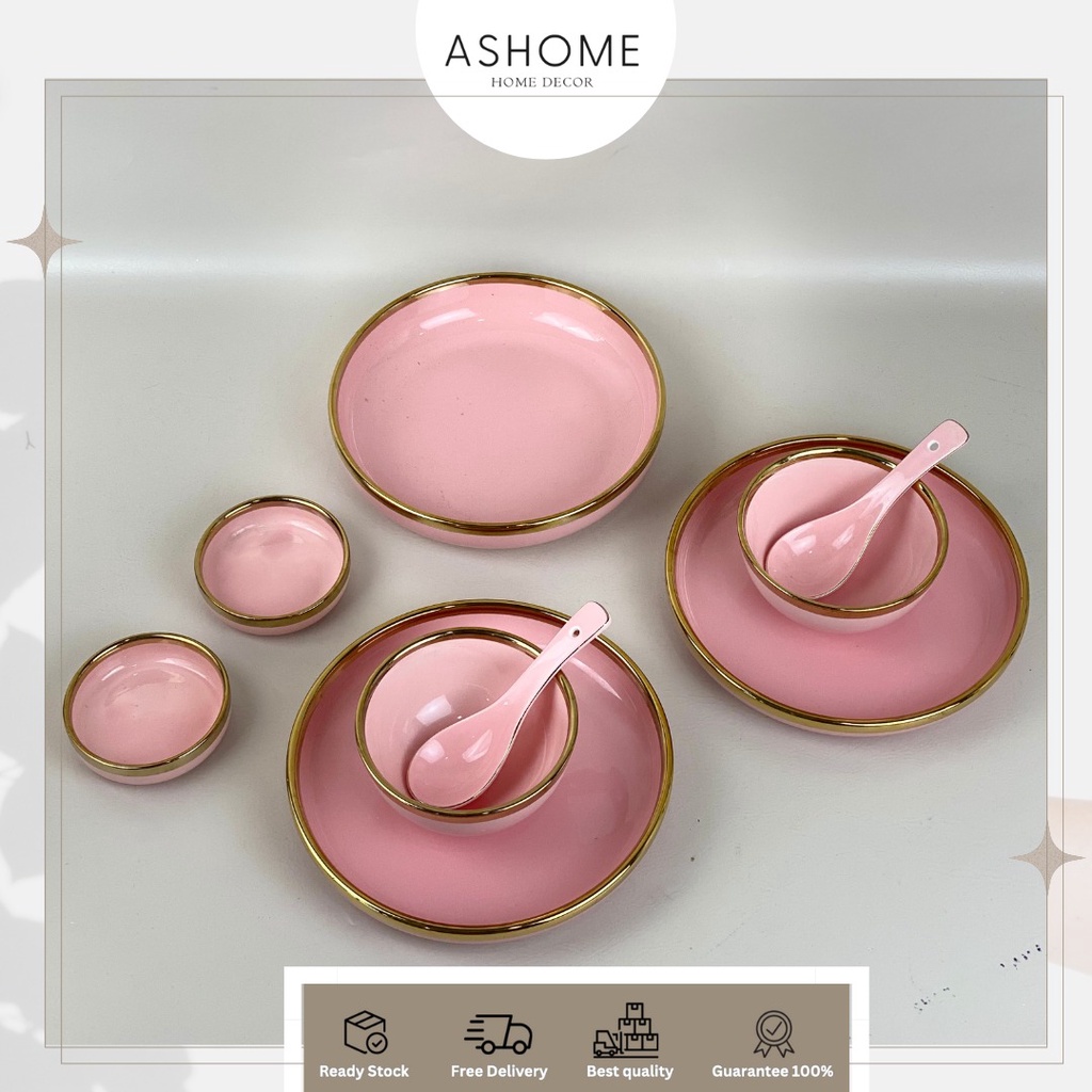 ASHOME Piring Set 2 Orang Piring Makan Set Keramik Pink Gold Isi 9 Pcs / Piring Set Keramik List Ema