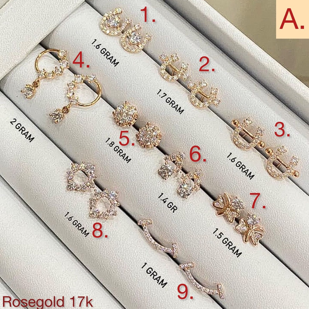 Anting anak dan dewasa emas asli kadar 75 17k rosegold love smiley solitaire branded drop like diamond jepit gantung duduk paku tusuk stud