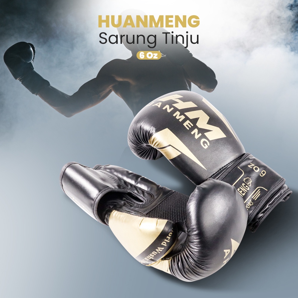 SportStationOutlet HUANMENG Sarung Tinju MMA UFC Boxing Muay Thai Glove 6 OZ - AHM01 - Black Gold