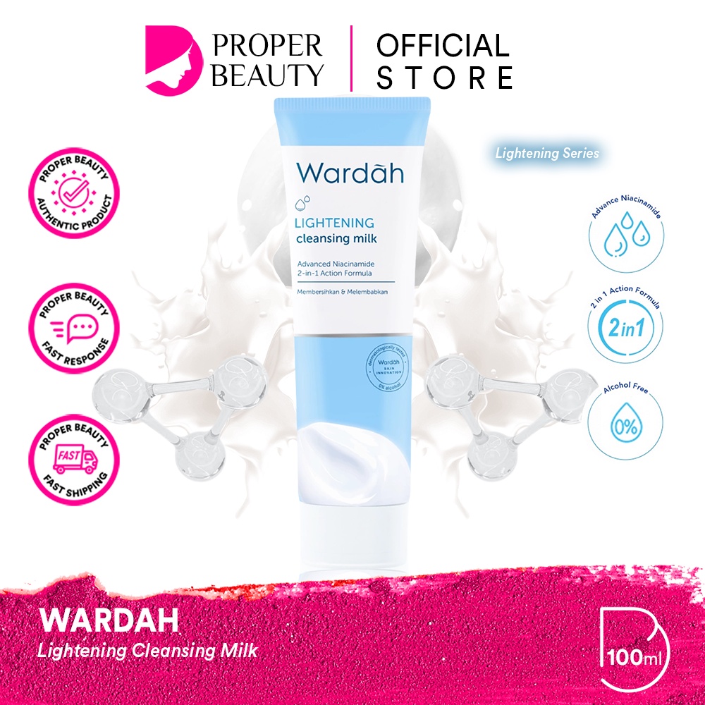 WARDAH Lightening Cleansing Milk Indonesia / Pembersih Wajah 100ml / Advanced Niacinamide 2 in 1 Action Formula / Membersihkan Melembabkan Mencerahkan Glowing Kulit Cerah Bersih Lembut Cleanser Facial Foam Wash Sabun Cuci Muka / Skincare Face Care Series