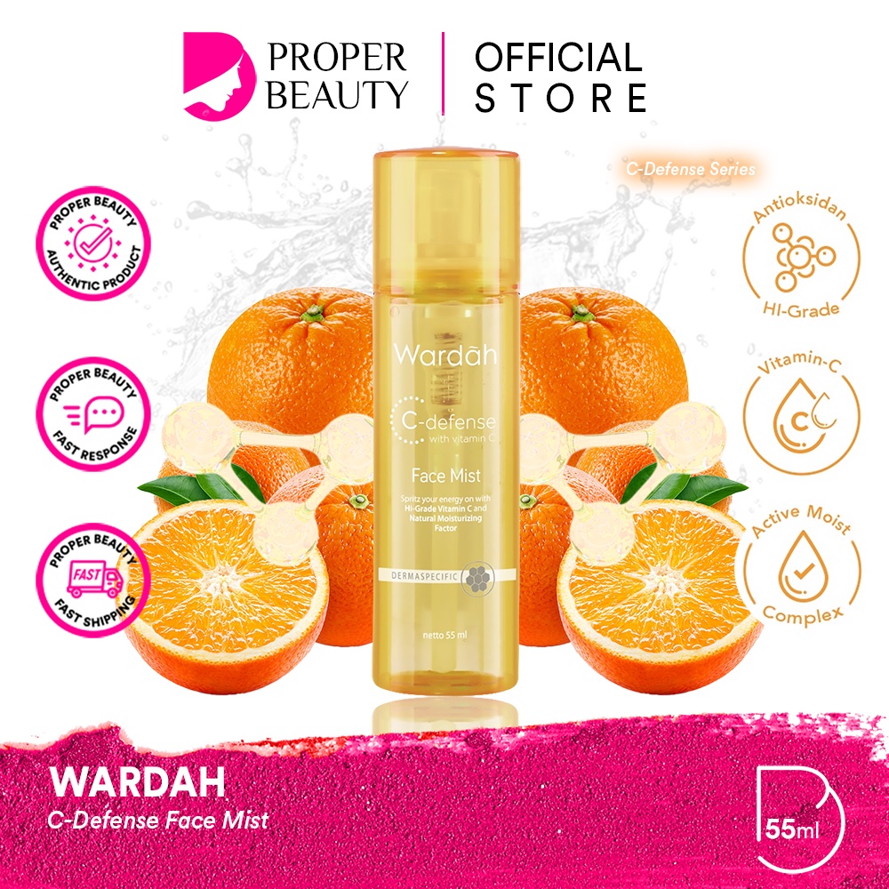 WARDAH C-Defense Face Mist Indonesia / Penyegar Wajah 55ml / Spritz Your Energy On With Hi-Grade Vitamin C And Natural Moisturizing Factor / Skincare Care Series / Pelembab / Energizing Creamy Wash Whip Foam Serum DD Cream Sleeping Mask Mousse Moisturizer