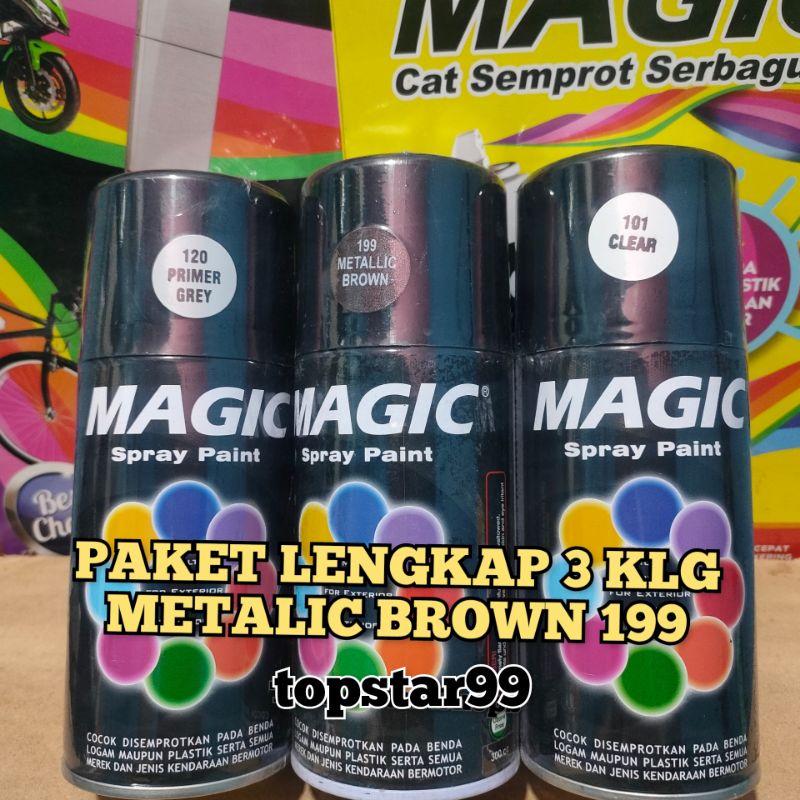 Pilok Pilox Cat Semprot Magic Paket Lengkap 3 Kaleng 300cc Paketan Coklat Metalik Brown Metalic 199 Primer Grey Epoxy 120 Clear Pernis Glossy Mengkilap 101 Spray Paint