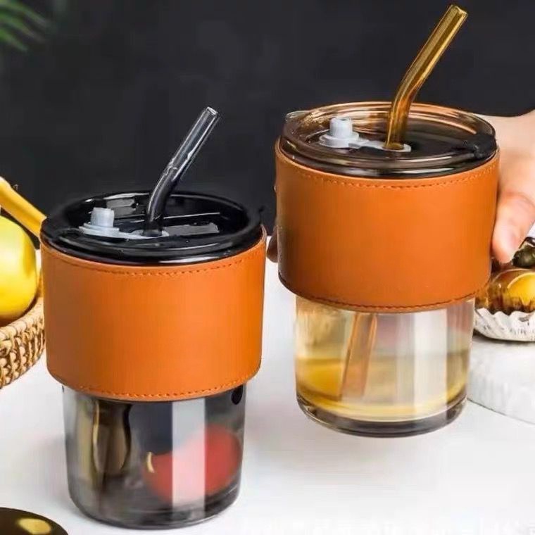 1pc 400ML Tumbler Gelas Kaca (FREE Straw Kaca) Vintage Aesthetic Bottle Cup For Coffee - HW101