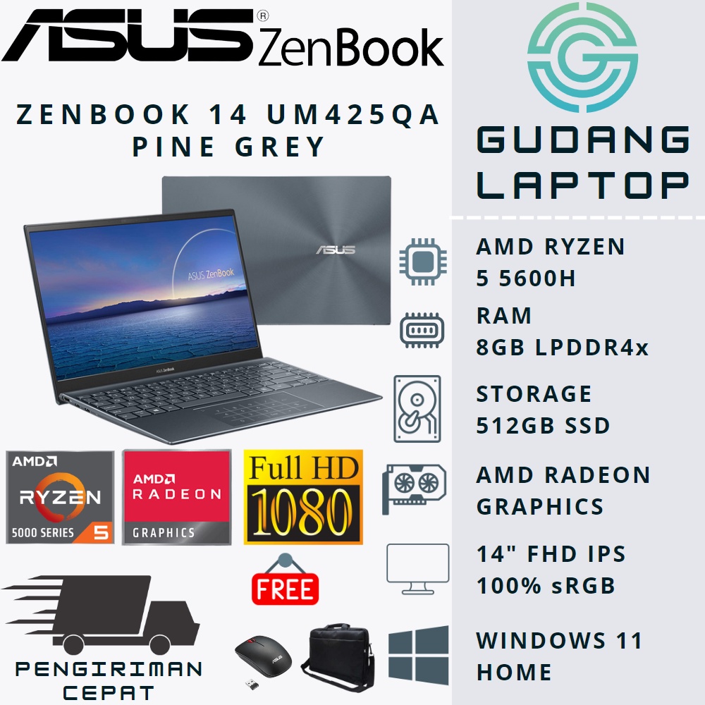 ASUS ZENBOOK 14 UM425QA RYZEN 5 5600H RAM 8GB SSD 512GB FHD IPS WIN11 GREY