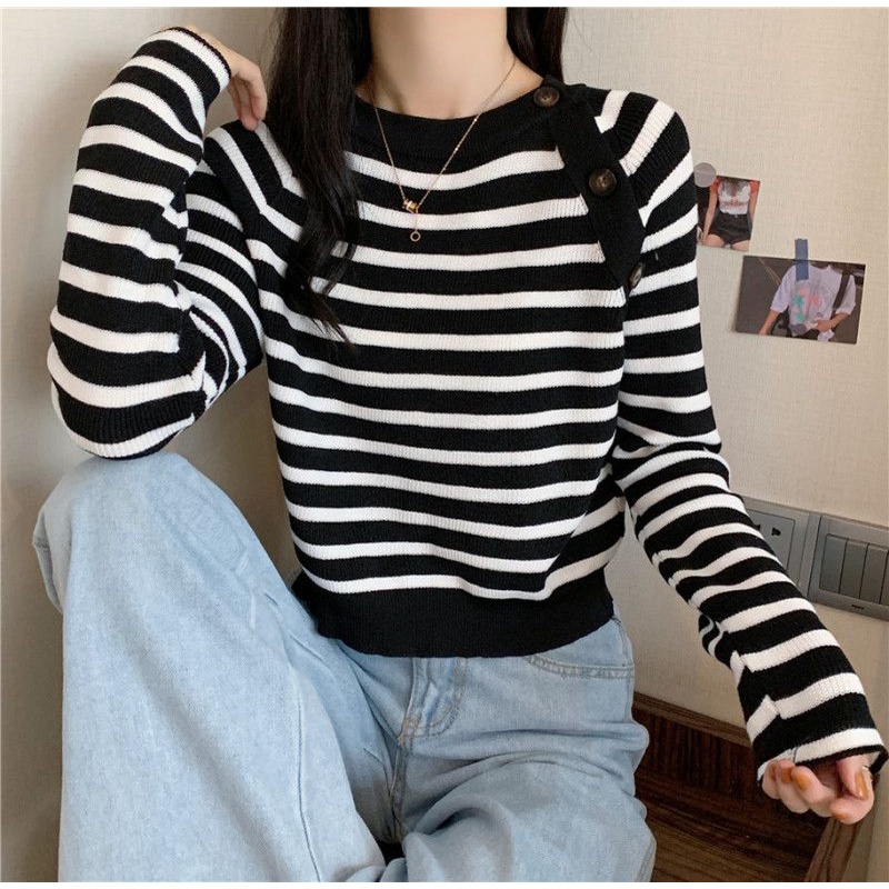 Sweater Fashion Korean Crop Long Sleeve O-Neck Knit Top Atasan Korean Style Wanita