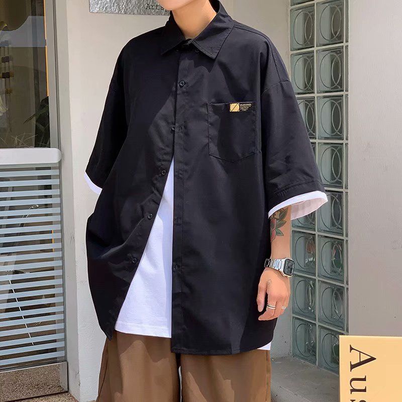 Kemeja Pria Korean Style Lengan Pendek Longgar Shirt Polos  Pria atasan kemeja oversize Baju Laki Laki hitam Kemeja Cowok Atasan pria Oversize terbaru Dua Potong kemeja Blue