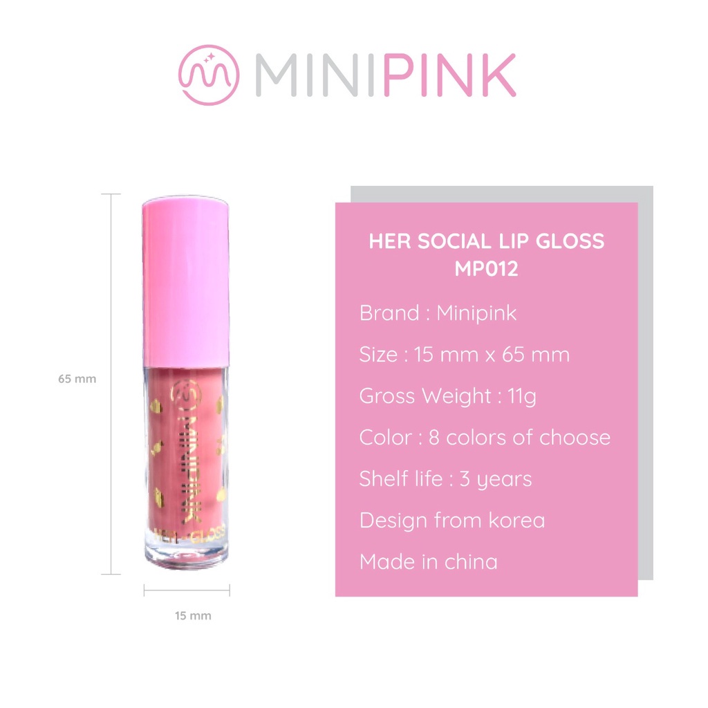 MINIPINK Her Social Lip Glaze adds a touch of glamour to your lips with its glittery finish. Perfect for the young and trendy