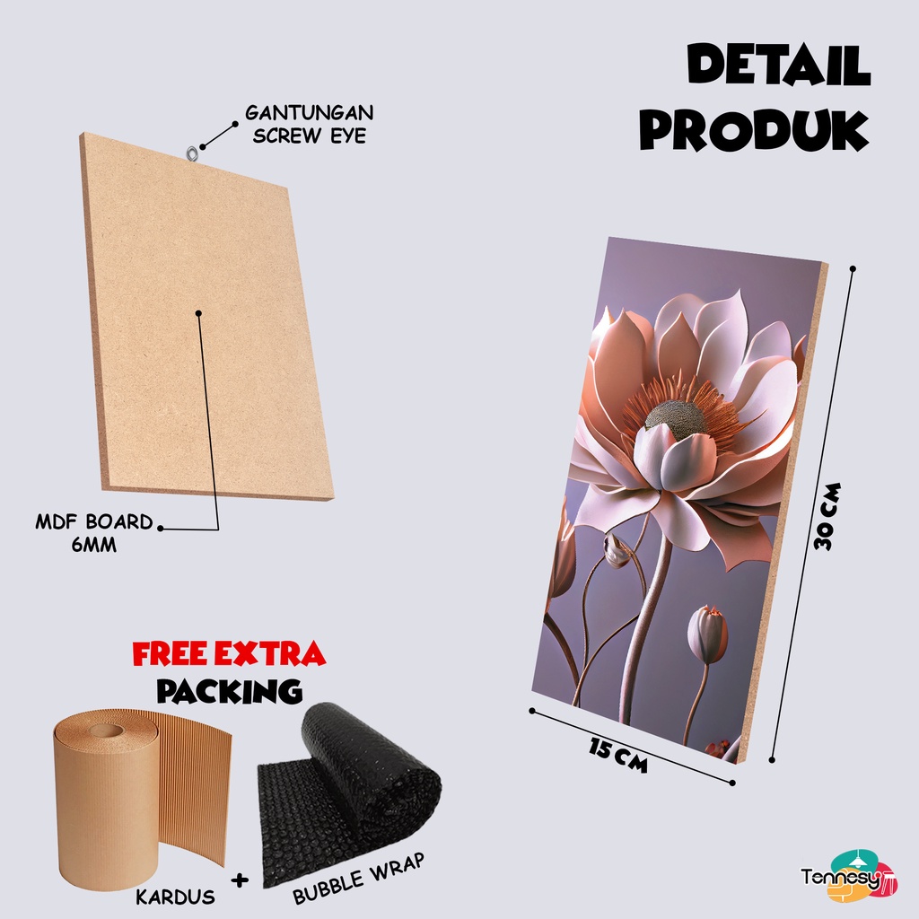 TENNESY Hiasan Dinding Bunga 3D Flower 15x30cm Dekorasi Dinding Kamar Tidur Pajangan Kayu Poster Dekorasi Rumah