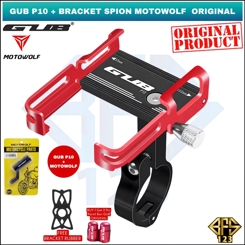 Paket GUB P10 Phone Holder + Bracket Spion MOTOWOLF ORIGINAL Free Tutup Pentil Ban GUB 2 Pcs