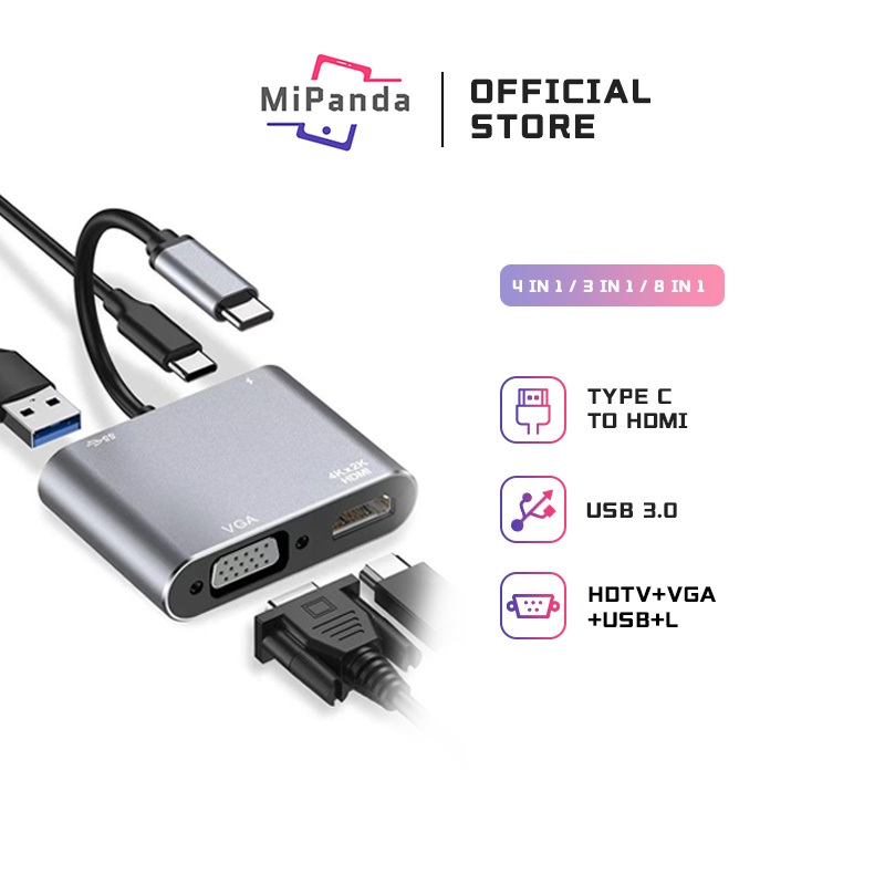 Foto Mipanda Kabel Converter USB 3 In 1 Type C To HDMI - Type C - USB 3.0 4 IN 1 USB C Type C To HDMI 4K VGA USB3.0 Audio And Video Adapter With PD 87W Fast Charger