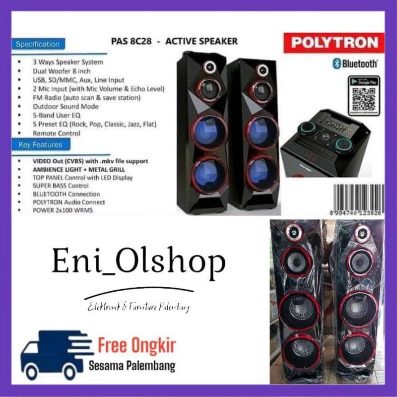SPEAKER ACTIVE POLYTRON BLUETOOTH PAS 8C28, PAS-8C28, PAS8C28 8 INCH, 8" PALEMBANG