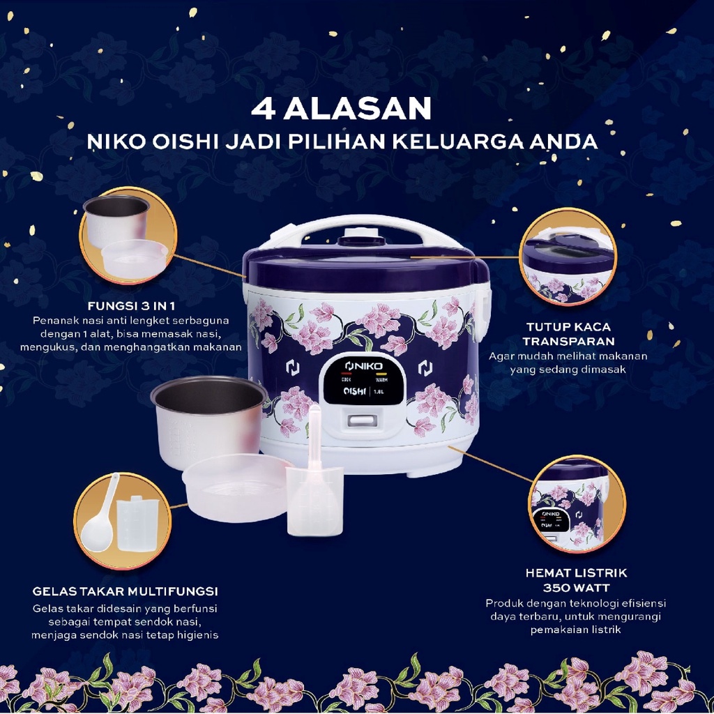 PROMO Mejikom NIKO OISHI BATIK 1.2 Liter Rice Cooker TUTUP KACA Transparan 100% ANTI LENGKET 300 Watt - 3 in 1 Menanak, Menghangatkan dan Mengukus - FAMOUS STAR SHOP