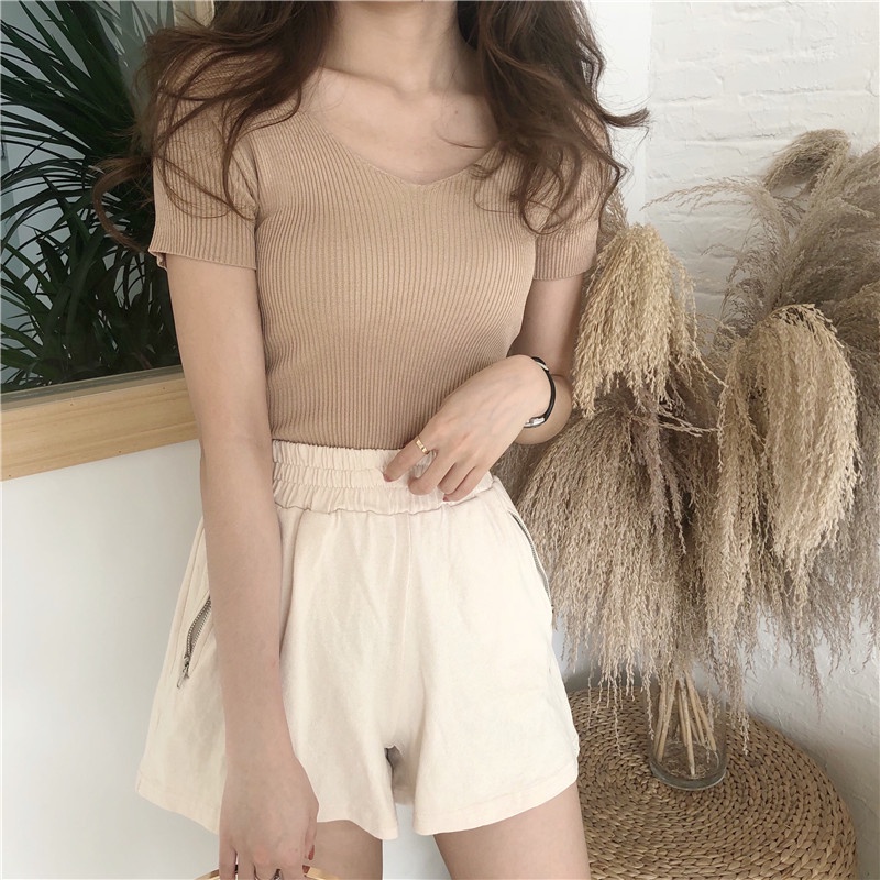 EUNII Kaos Rajut Lengan Pendek Knit T-shirt Wanita V neck Basic Color Korean Style Atasan