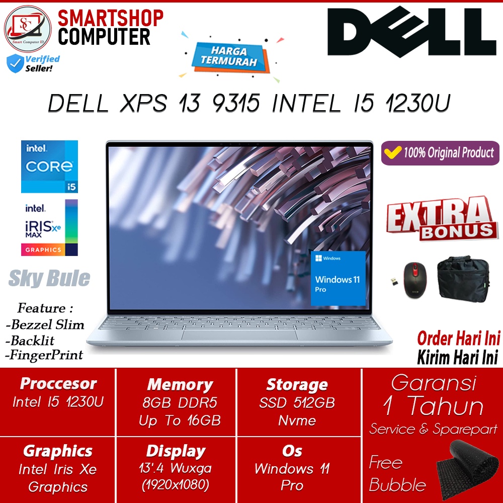 Dell XPS 13 9315 Intel I5 1230U 8GB DDR5 512GB Iris Xe Wuxga Win10 Pro