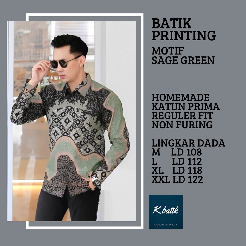 KEMEJA BATIK PRIA LENGAN PANJANG BATIK MODERN MOTIF SAGE GREEN SIZE M L XL XXL  KHARISMA BATIK