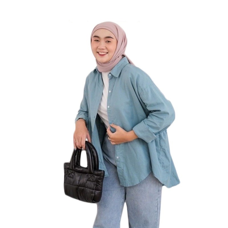 Kemeja Oversize Linen Olivia Polos Jumbo Kameja Lengan Panjang Wanita SR349