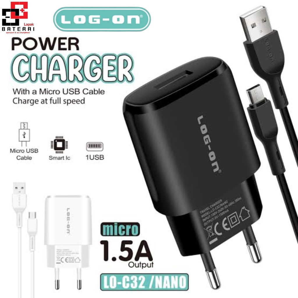 LOG - ON C32 Nano Batok Charger Android 1.5A Micro USB 5V | Casan Android | Charger hp | Murah Berkualitas