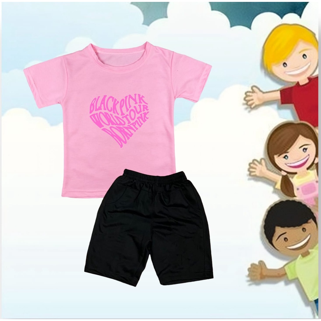YVS - BAJU KAOS SETELAN CELANA PENDEK ANAK MOTIF BLACKPINK LOVE BORNPINK
