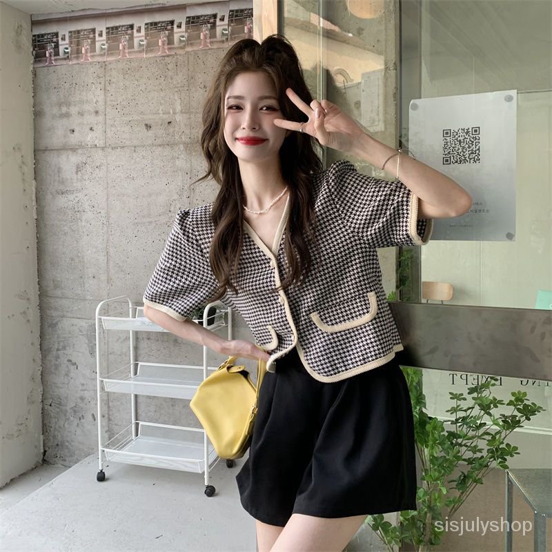 Top women 's coat wanita musim panas new thousand bird grid V-neck short-sleeved cardigan top