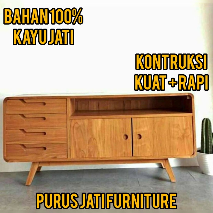 PJ1 Meja Tv Retro Kayu Jati Model Minimalis 4 Laci Kombinasi Pintu Sliding - BELUM FINISHING