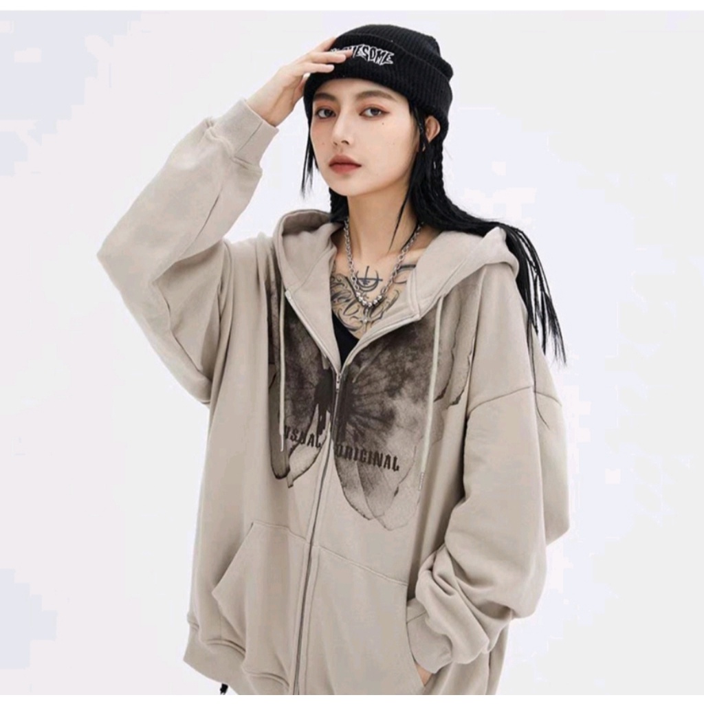 Sweater Hoodie Pria Wanita MARIPOSA ZIPPER Outerwear Korean Fashion Jacket Kekinian Kasual