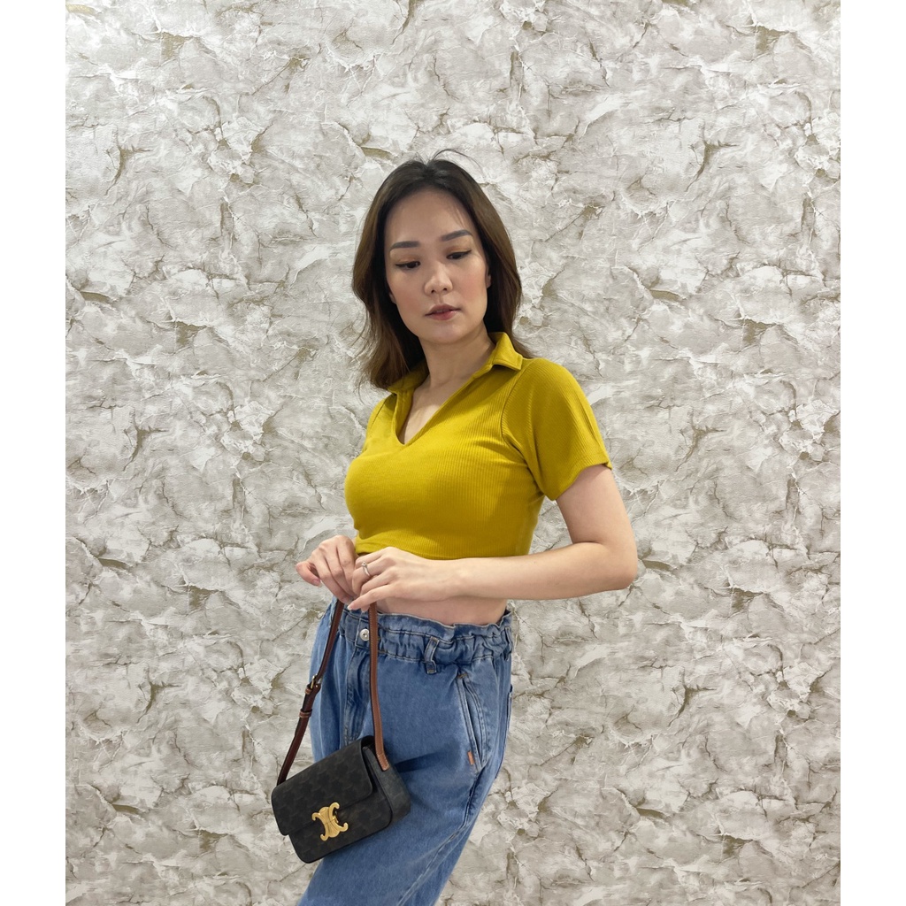 MODAVIE - SHARLENE Crop Top Korea Knit Sexy Korean Style Kaos Kerah Wanita Polo Shirt