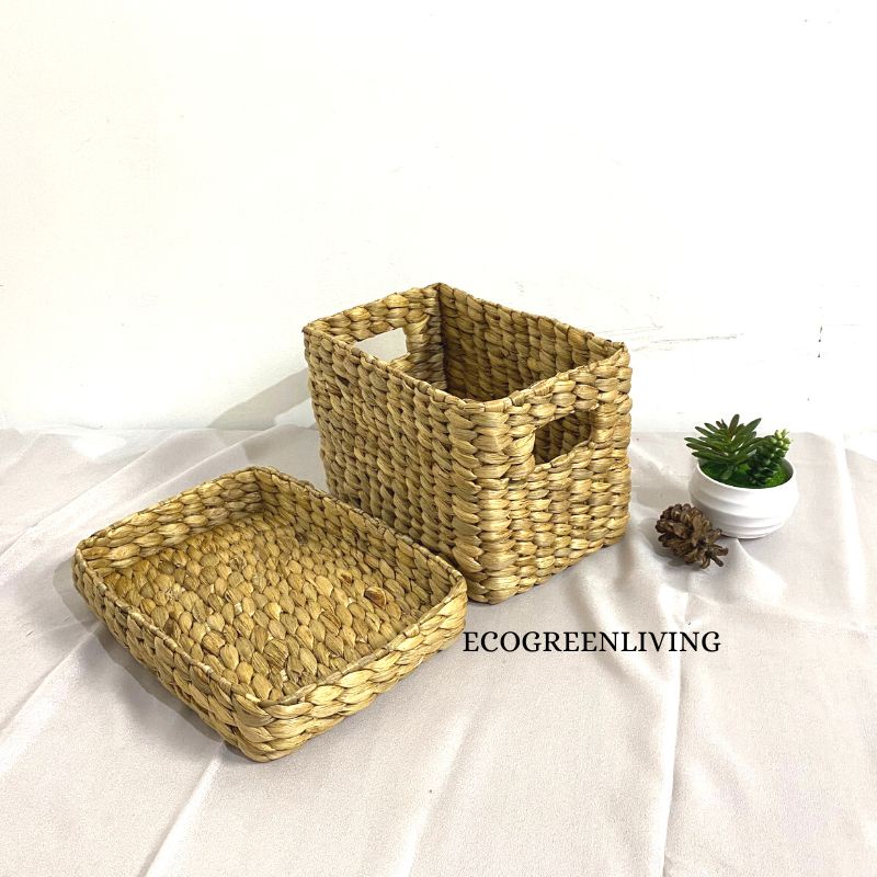 Storage Organizer Basket With Cover / box tutup / keranjang anyaman enceng 26X16X16 CM