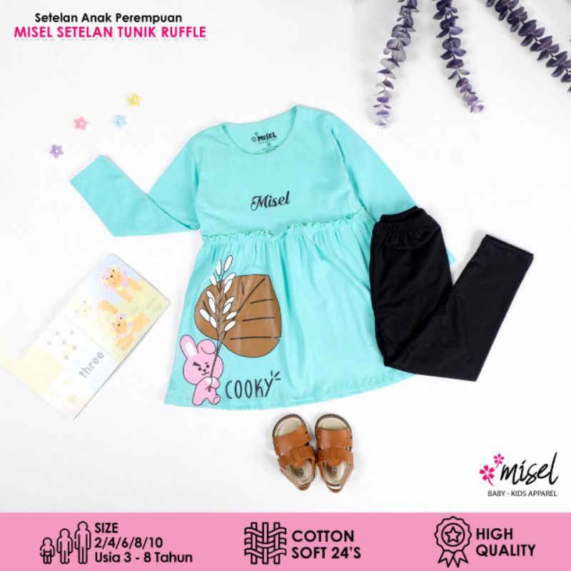 TERMURAH - Umur 1 2 3 4 5 6 7 8 9 10 tahun - Misel Setelan Tunik Ruffle BT21 - Hijau Cooky - Setelan