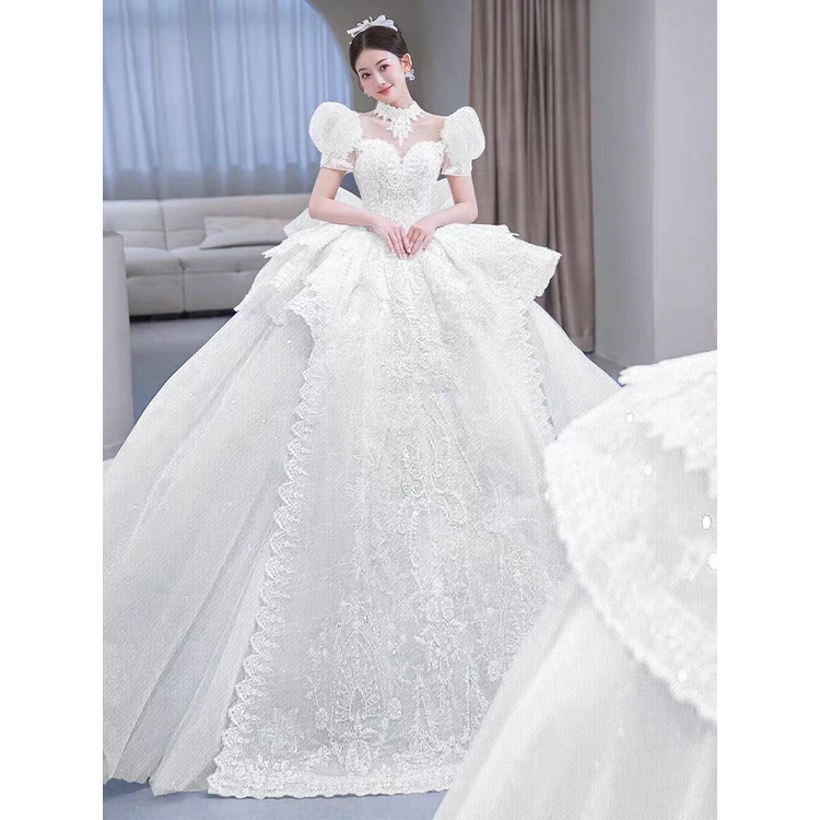 Baby Biru Gaun Pengantin Wanita Long Tail Bridal Wedding Dress Princess Bright Sequin Lace Beaded Wedding Gown Gaun Pengantin Wanita Ekor Panjang