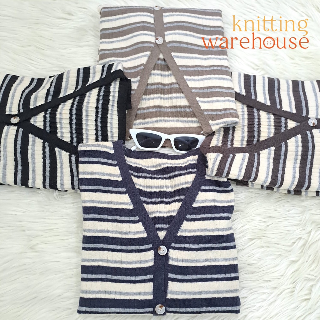 Sarah Cardi Stripes Two Tone - Cardigan Knit Korean Style - Atasan Wanita Rajut Import TM (19874-A)