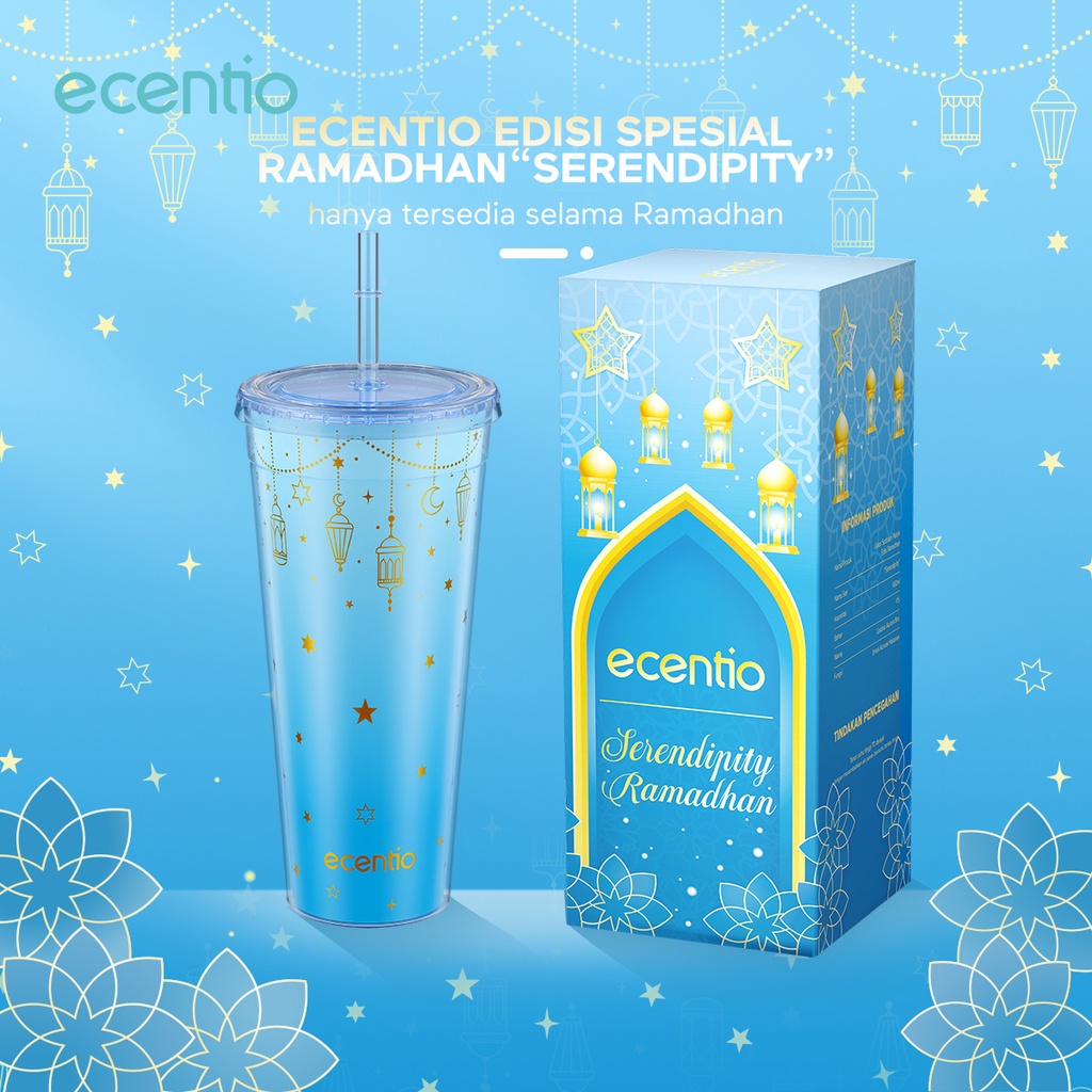 ecentio &amp; FOODI tempat tumbler minum sedotan 650ml hampers Serendipity seri Ramadhan ONLY/botol minum kopi/Berubah Biru