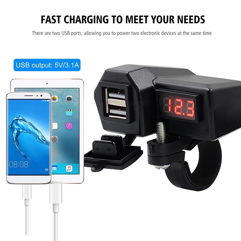 Charger Motor Digital Casan Handphone Di Motor LED Motorcycle Digital Voltmeter Charger Motor Cas HP Motor 2 USB 3.1A