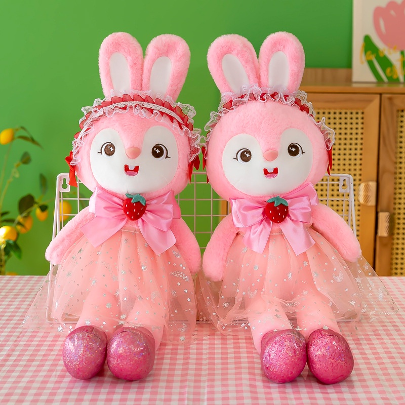 Boneka Bunny Pakai Dress Pink Strawberry Bahan Plush