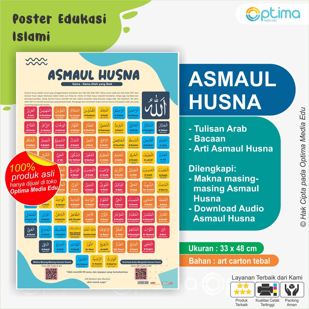 Poster Islami 99 Asmaul Husna Arab, Latin, Arti, Makna