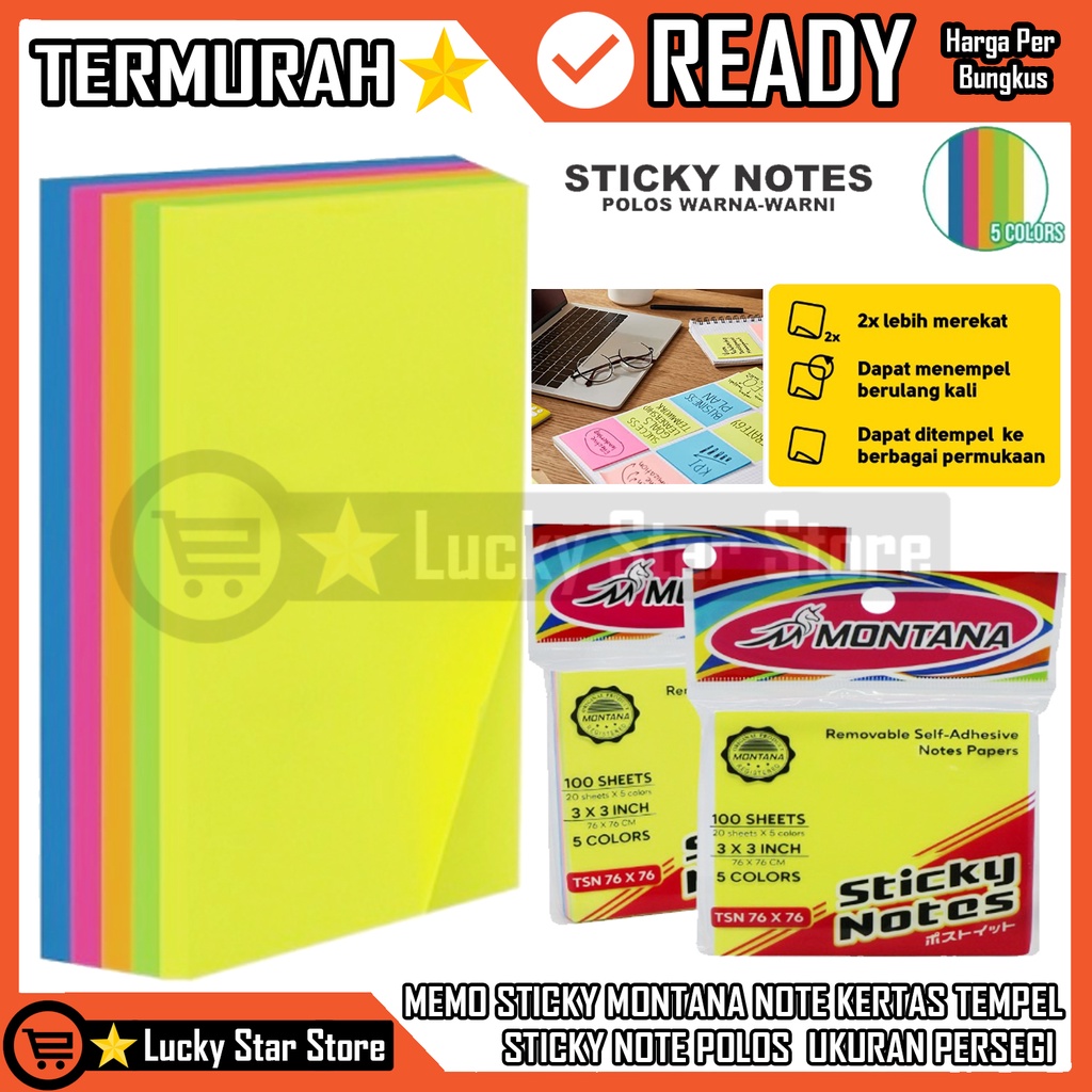 

New Sticky Note Polos Ukuran Persegi Memo Sticky Note Montana Kertas Tempel Buku Penanda Buku Penting Mahasiswa Anak Sekolah Notes Kantor Atk Polos Warna Warni Pastel Stick Per Bungkus 5 Warna FRZ Colur Isi 100 Lembar