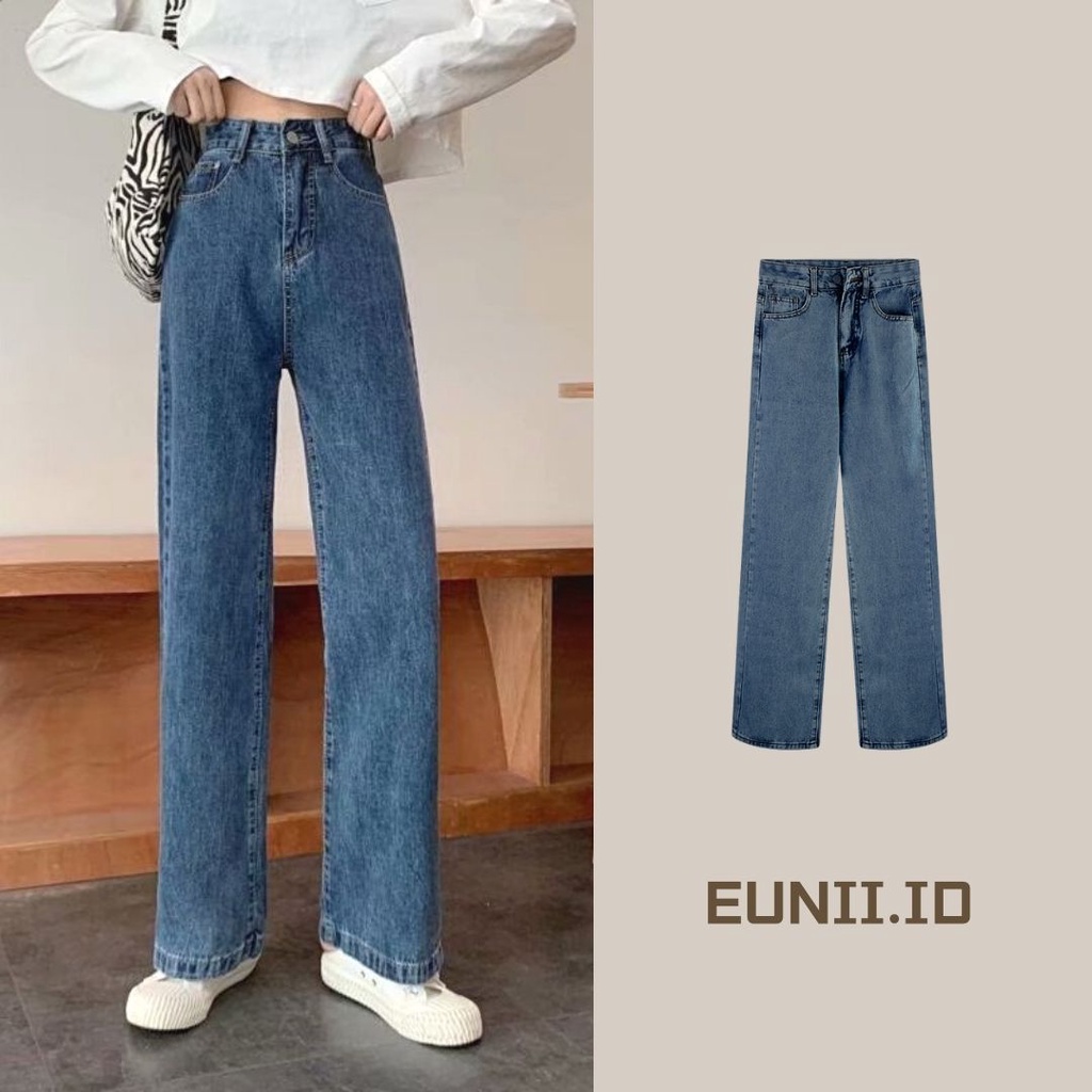 EUNII Korean Style Celana Jeans Wanita Casual Loose Wide Leg High Waist Denim Pants